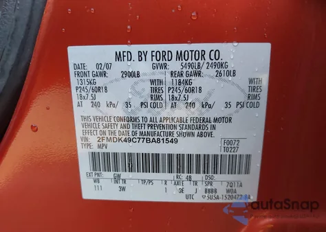 2007 Ford Edge Sel Plus from USA, damaged, VIN 2FMDK49C77BA81549